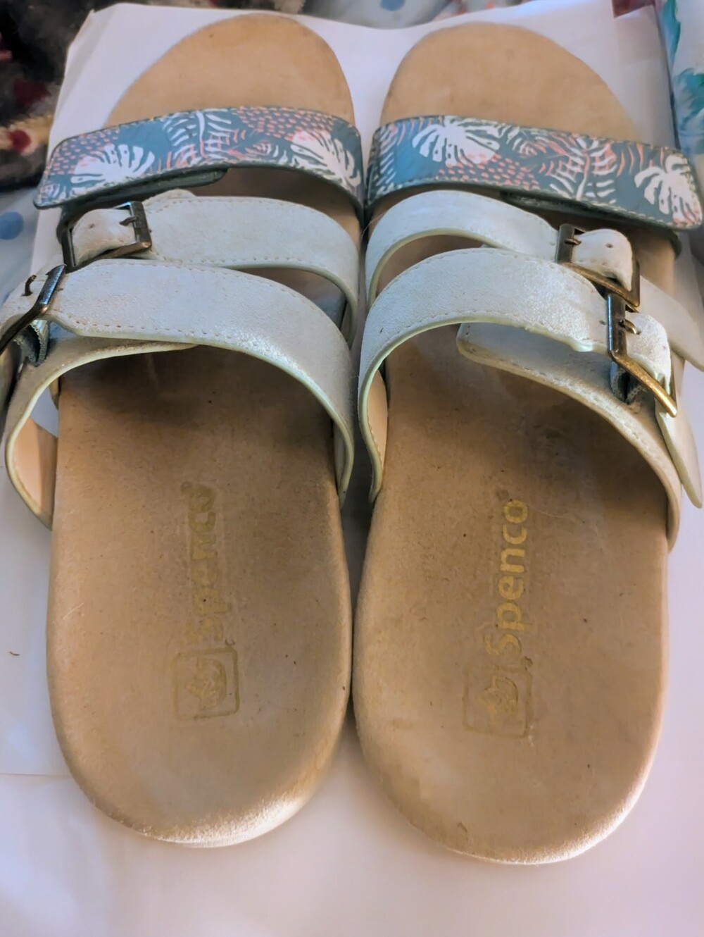Spenco Women’s Triple-Strap Sandals in Metallic White with Teal Accent